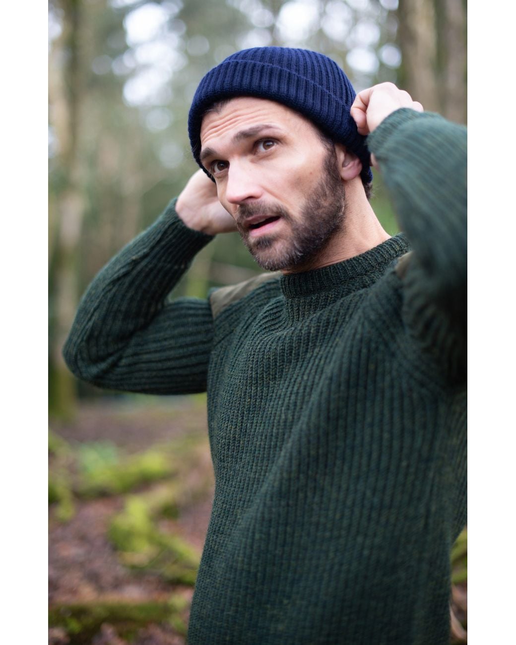 Paul James Knitwear Green Chunky British Wool Hardy Ribbed Shooting Jumper for men
