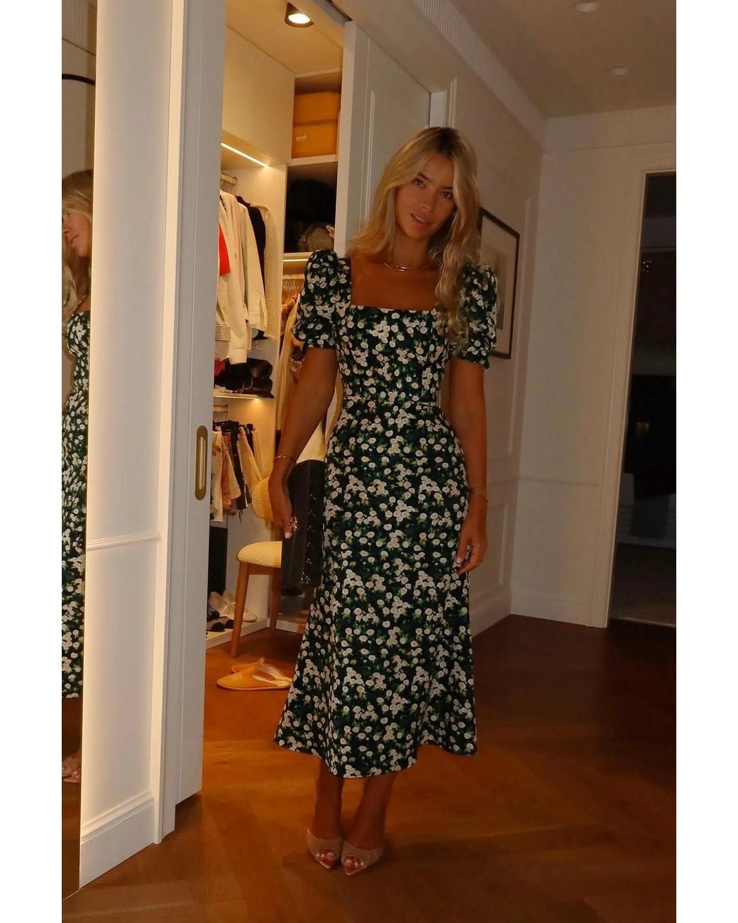 POST MERIDIEM Green Flowers Godet Silhouette Square Neck Midi Dress