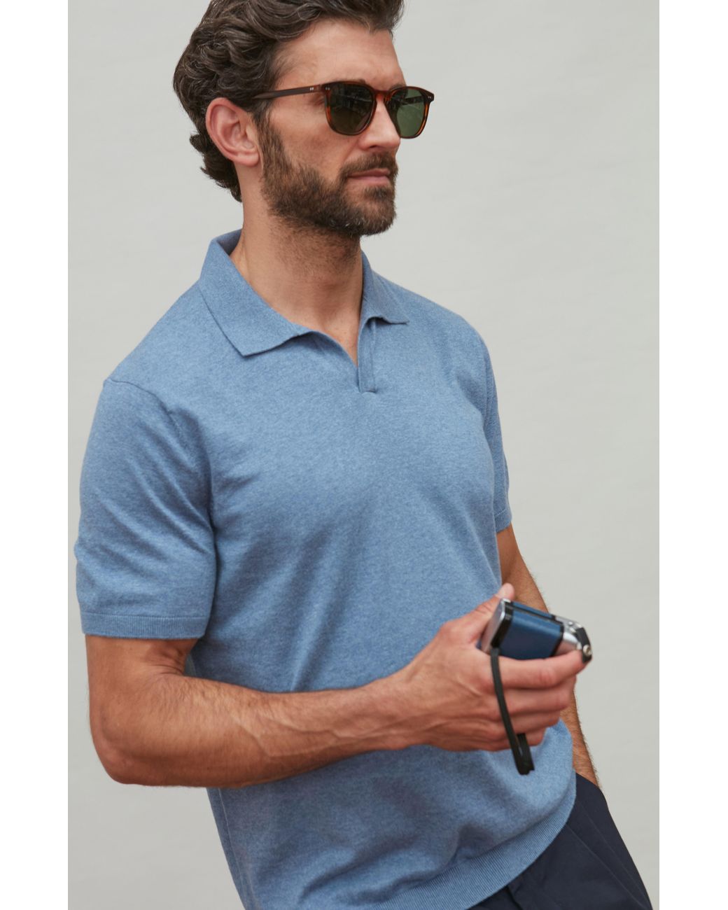 Paul James Knitwear Blue Ultra Fine Cotton Nathan Buttonless Polo Shirt for men