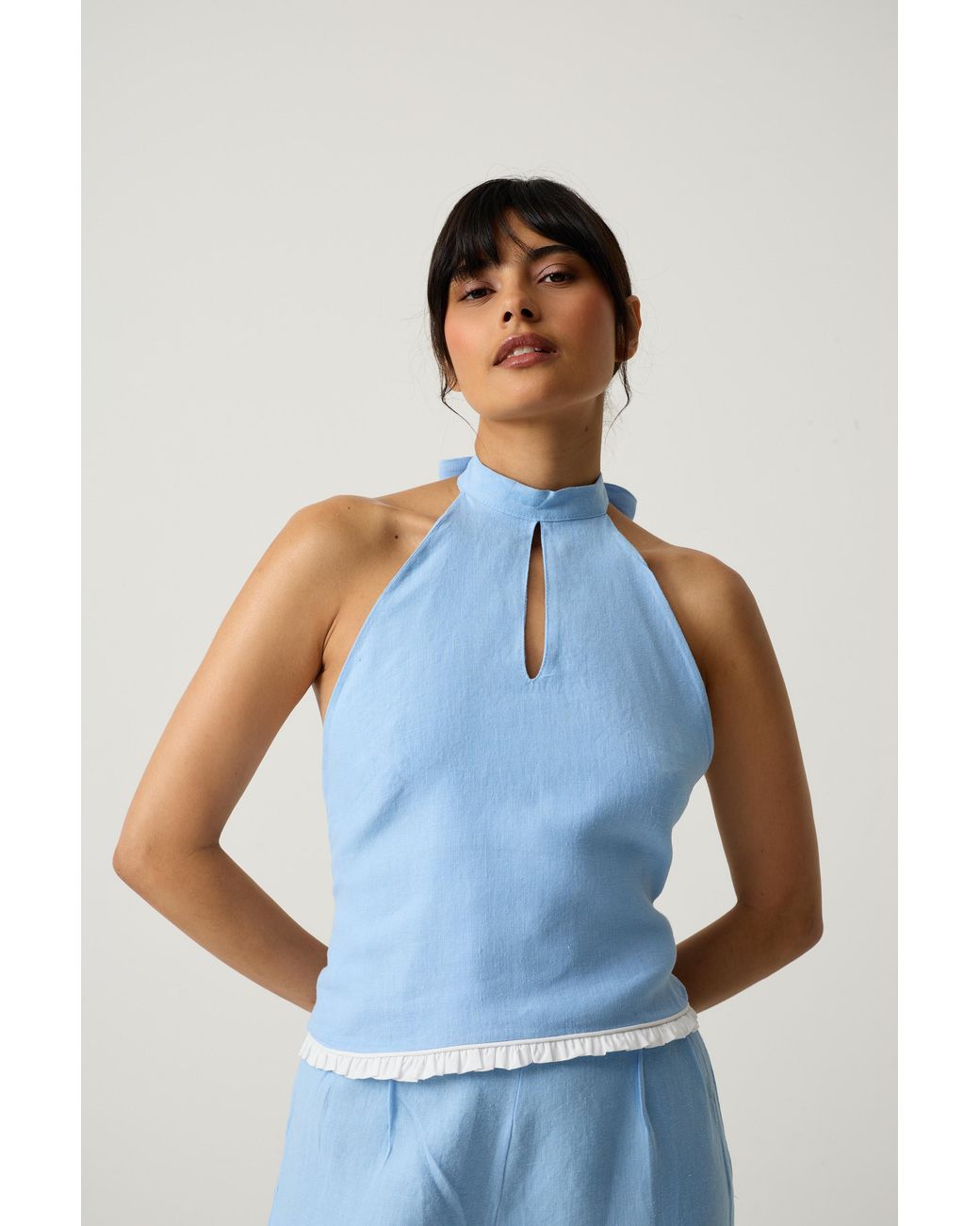 Imaura Blue Btw Linen Halter Top