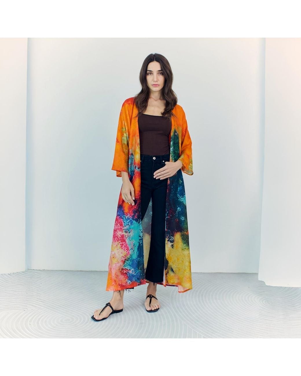 DHARA SHETH DUBAI Orange Canvas & Chaos Abstract Long Kimono