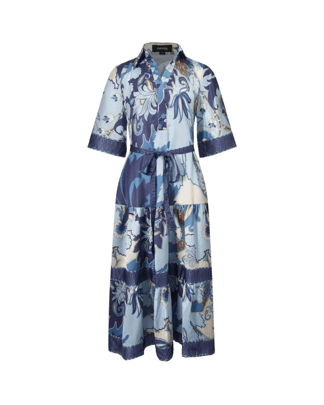 Smart and Joy Blue Midi Shirt Dress With Artistic Print And Tied Belt