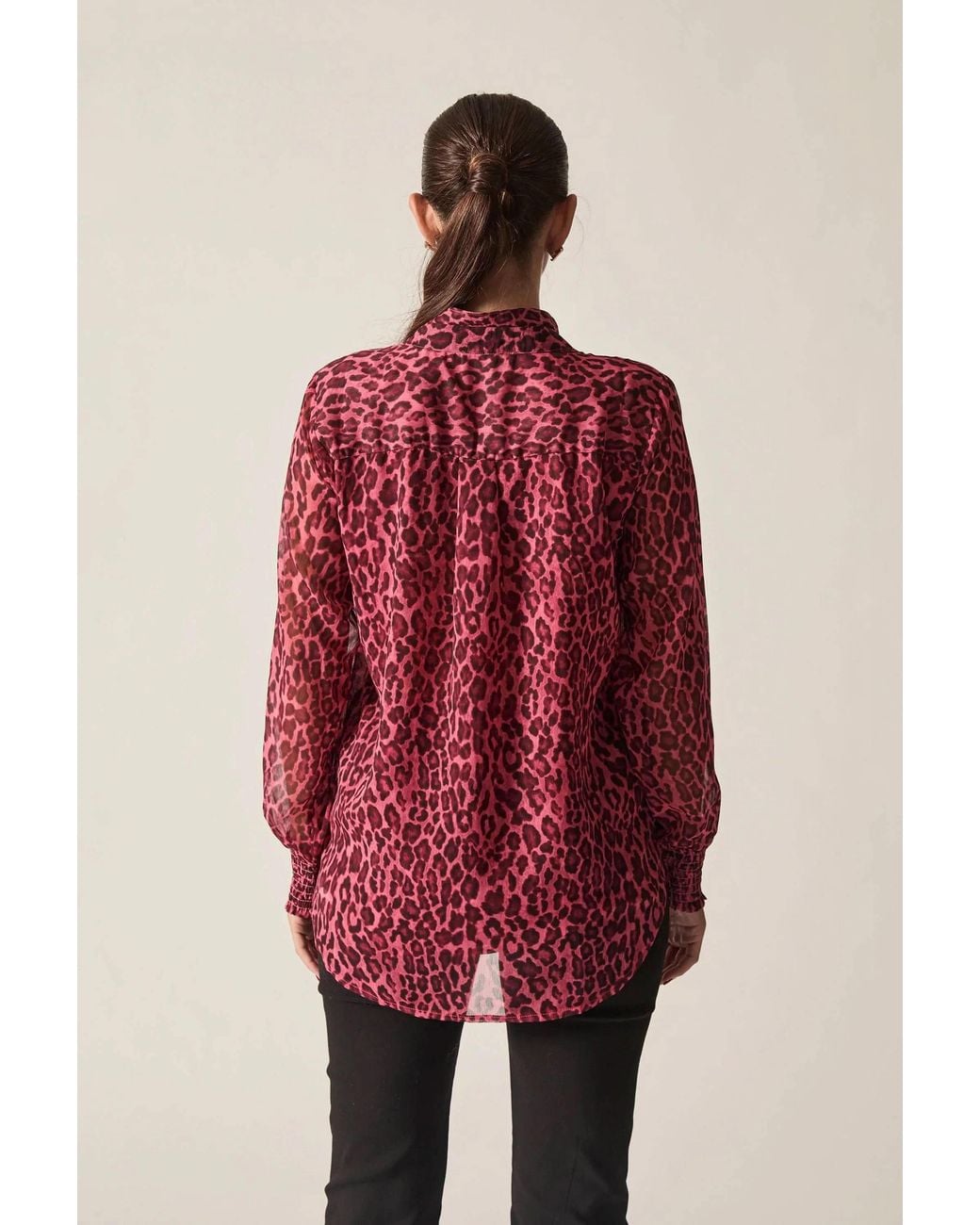 James Lakeland Red Raspberry Leopard-Print Sheer-Sleeve Blouse