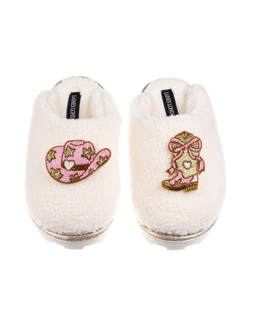 Laines London Pink Neutrals Teddy Closed Toe Slippers With Cowgirl Hat & Cowgirl Boot Brooches
