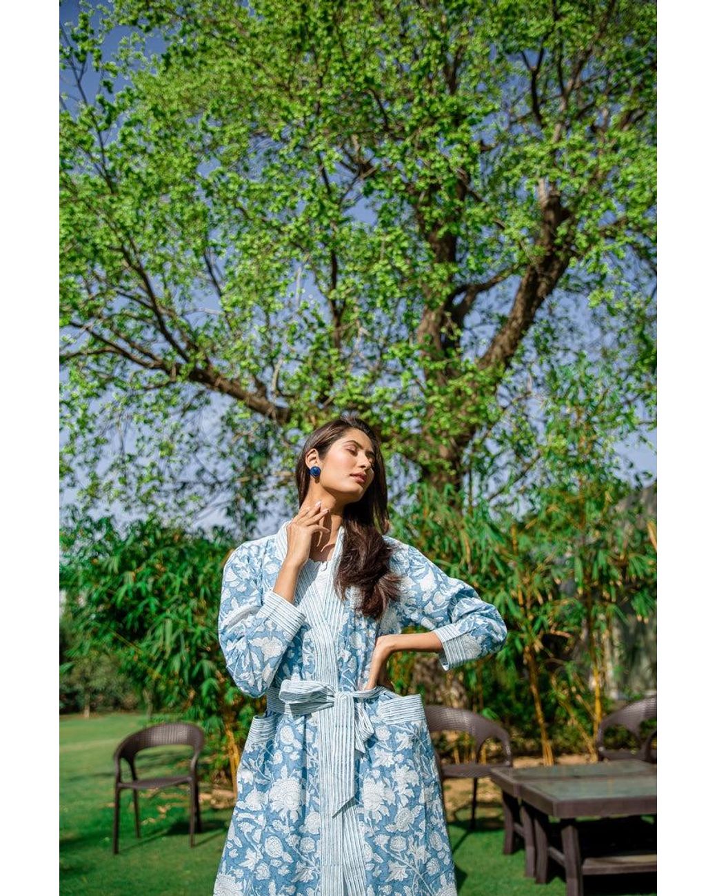 NoLoGo-chic Blue Hand Printed Cotton Kimono Robe