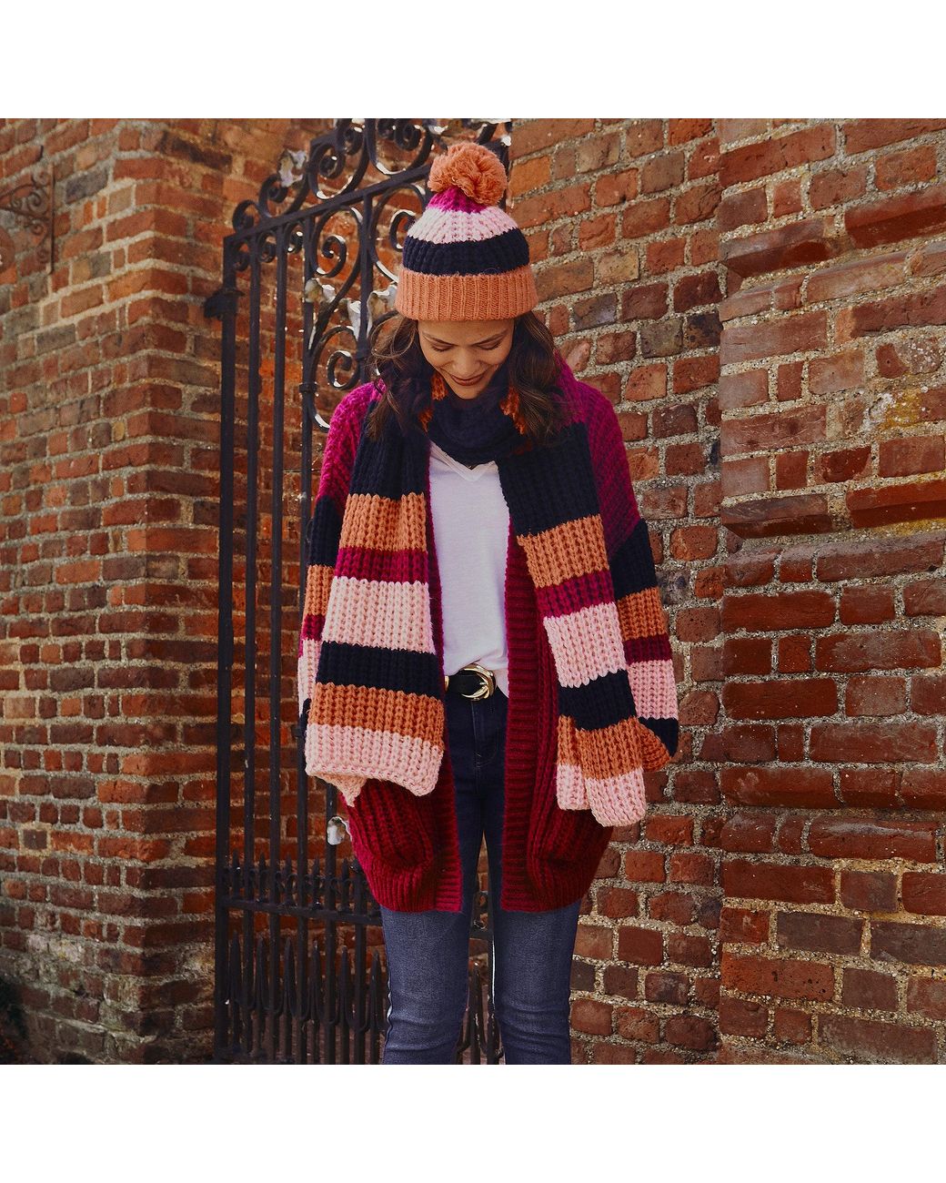 Cara & The Sky Orange Phoebe Stripe Beanie Bobble Hat