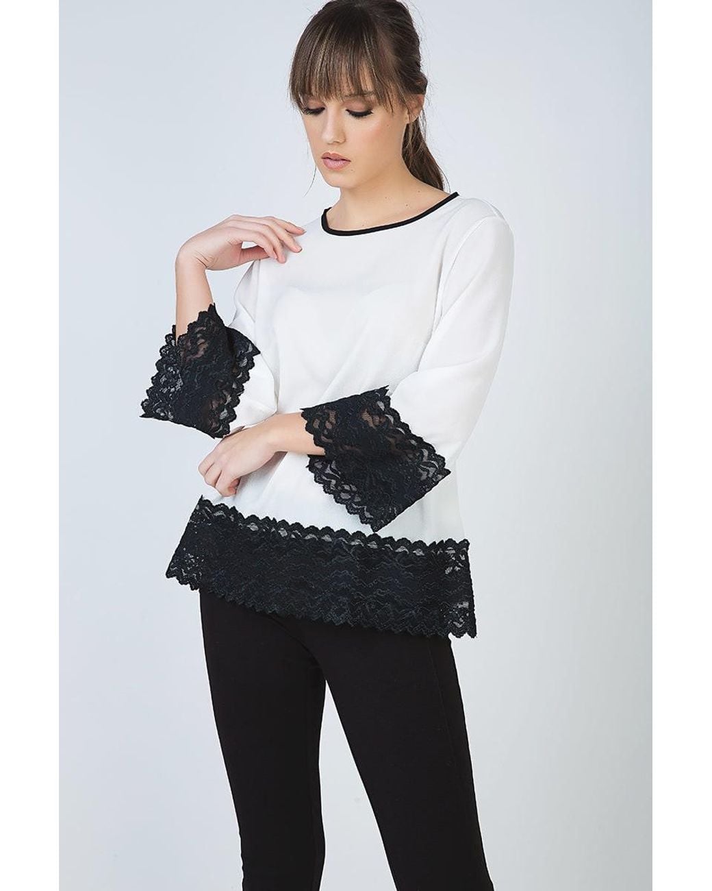 Conquista White Neutrals Loose Fit Ecru Top With Lace Detail