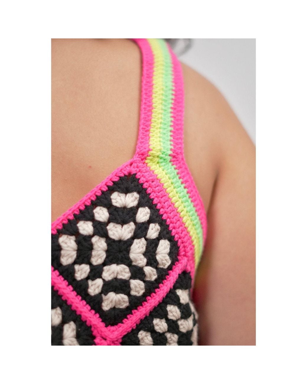Ana Chic Red Neon Trim Granny Square Handmade Crochet Crop Top