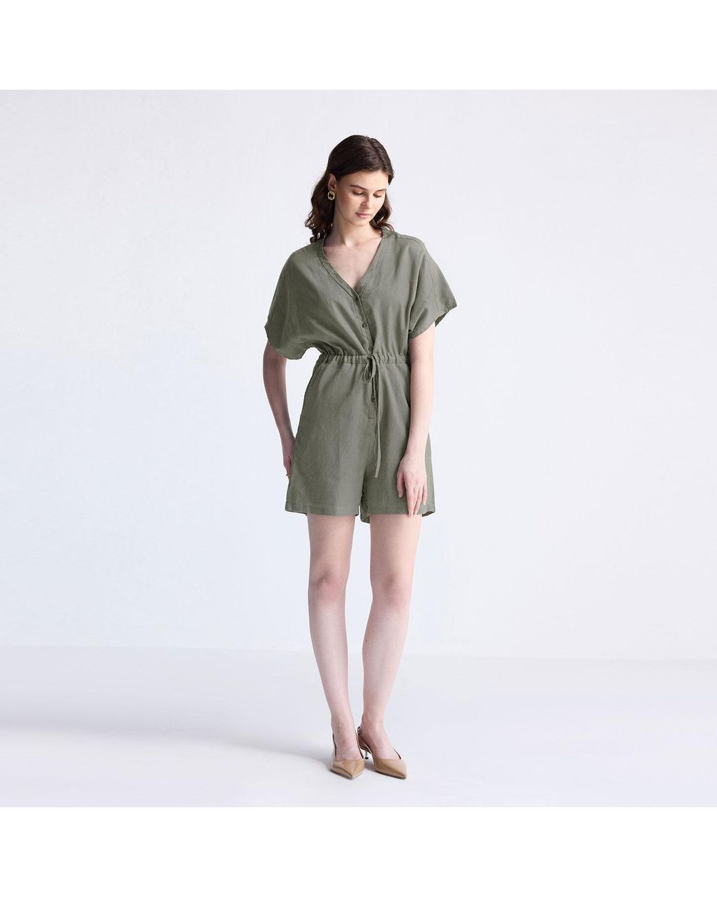 REISTOR Green V Neck Drawstring Romper