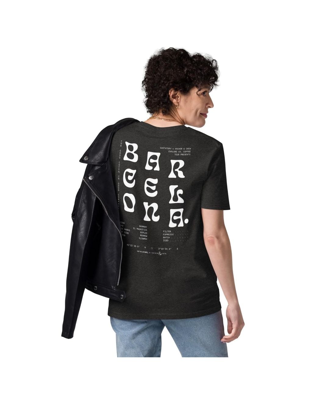 Anchor and Crew Black Dark Heather Gustatory Barcelona Coffee Scene Organic Cotton Embroidered T-Shirt