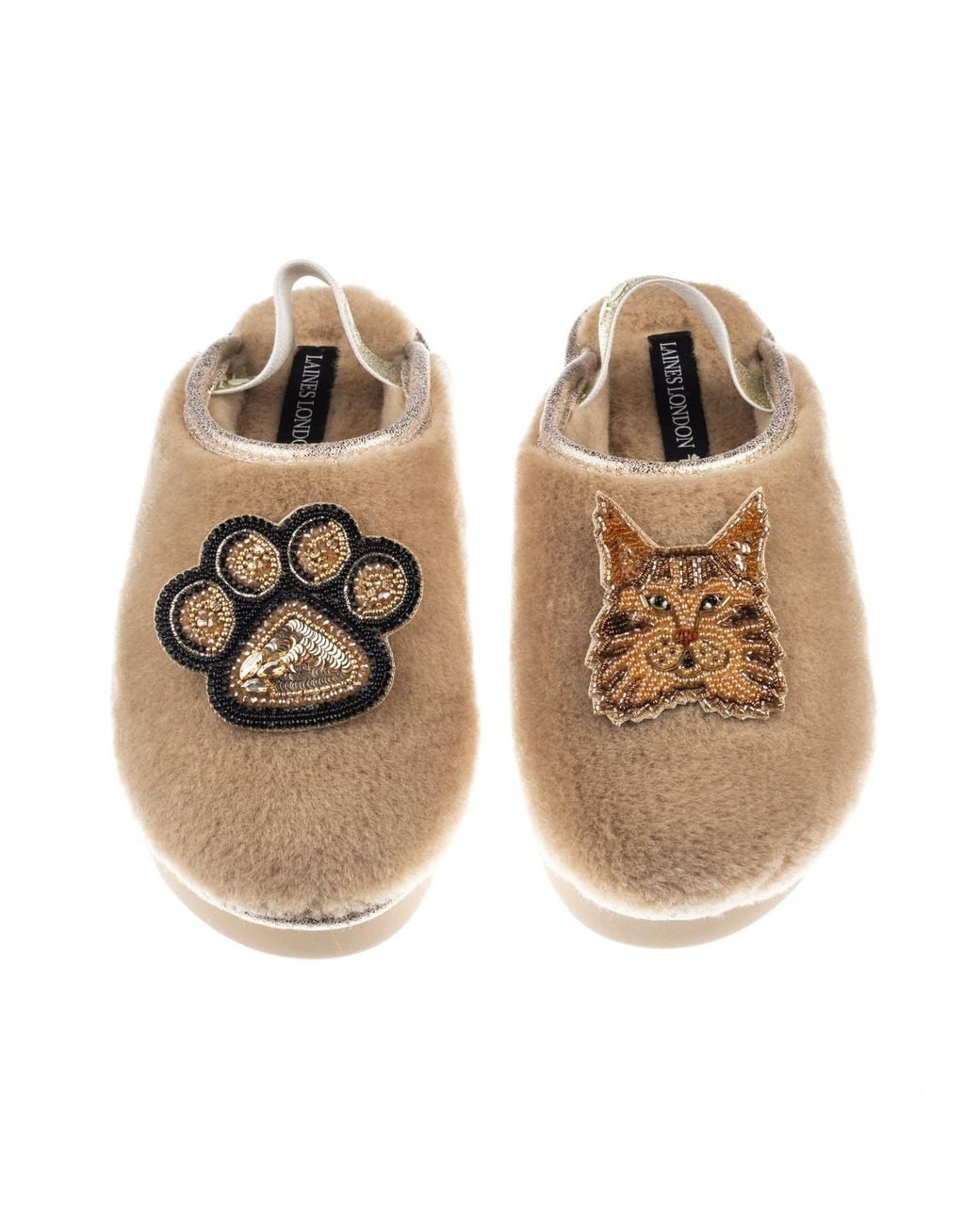 Laines London Brown Neutrals Flatform Cloud Slippers With Ginger Maine Coon Cat & Paw Brooches
