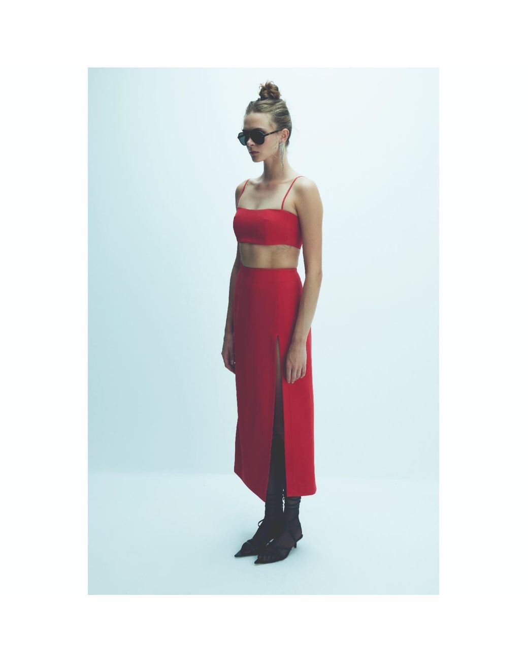 NAZLI CEREN Red Lea Crepe Midi Skirt