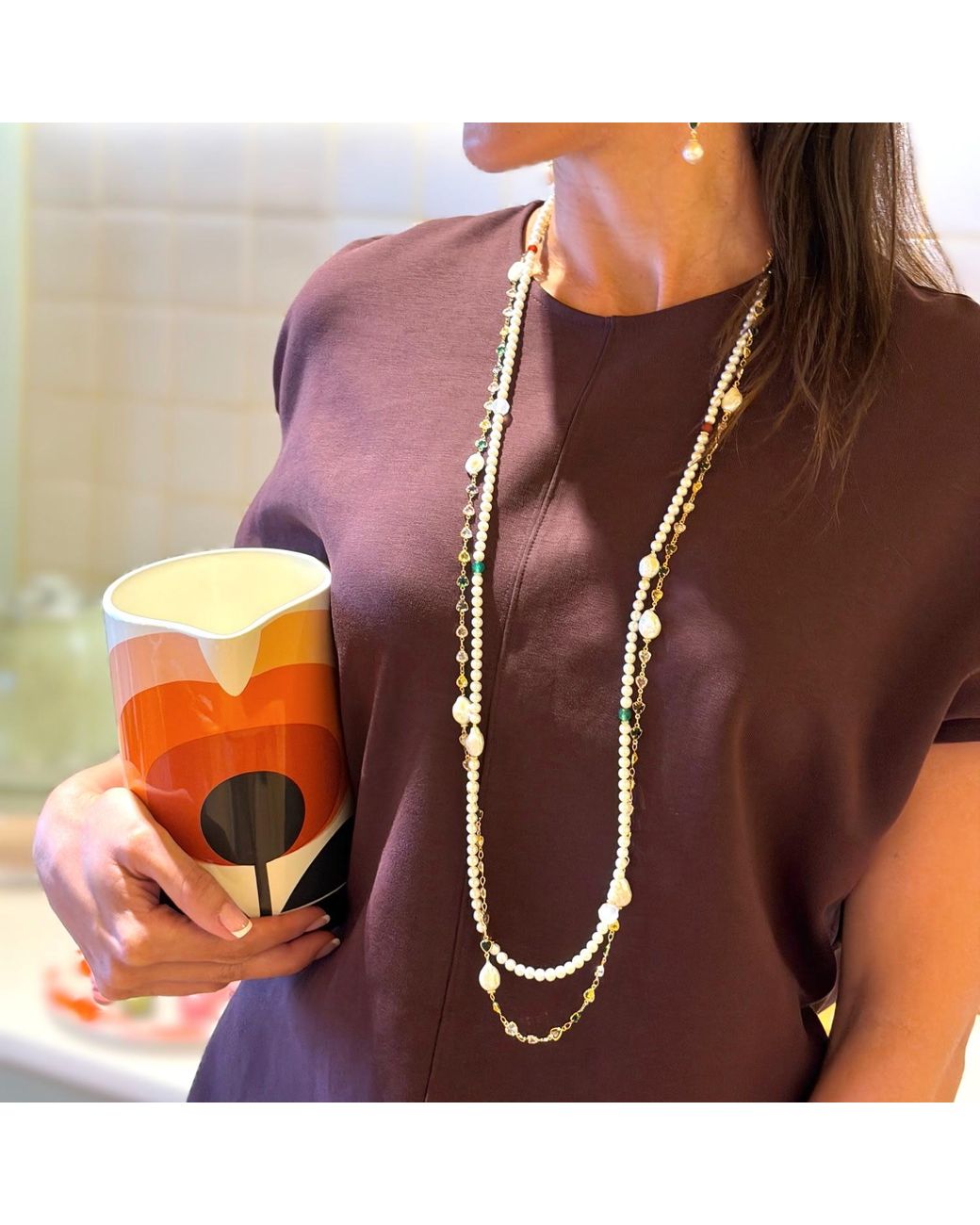 Farra White Colorful Heart Zircon Chain With Baroque Pearls Long Station Necklace