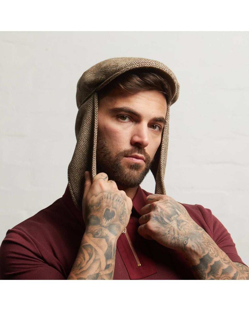 Dasmarca Hats Brown Neutrals Logan Heather Tweed Wool Checks Italian Cap With Earflaps Trapper for men