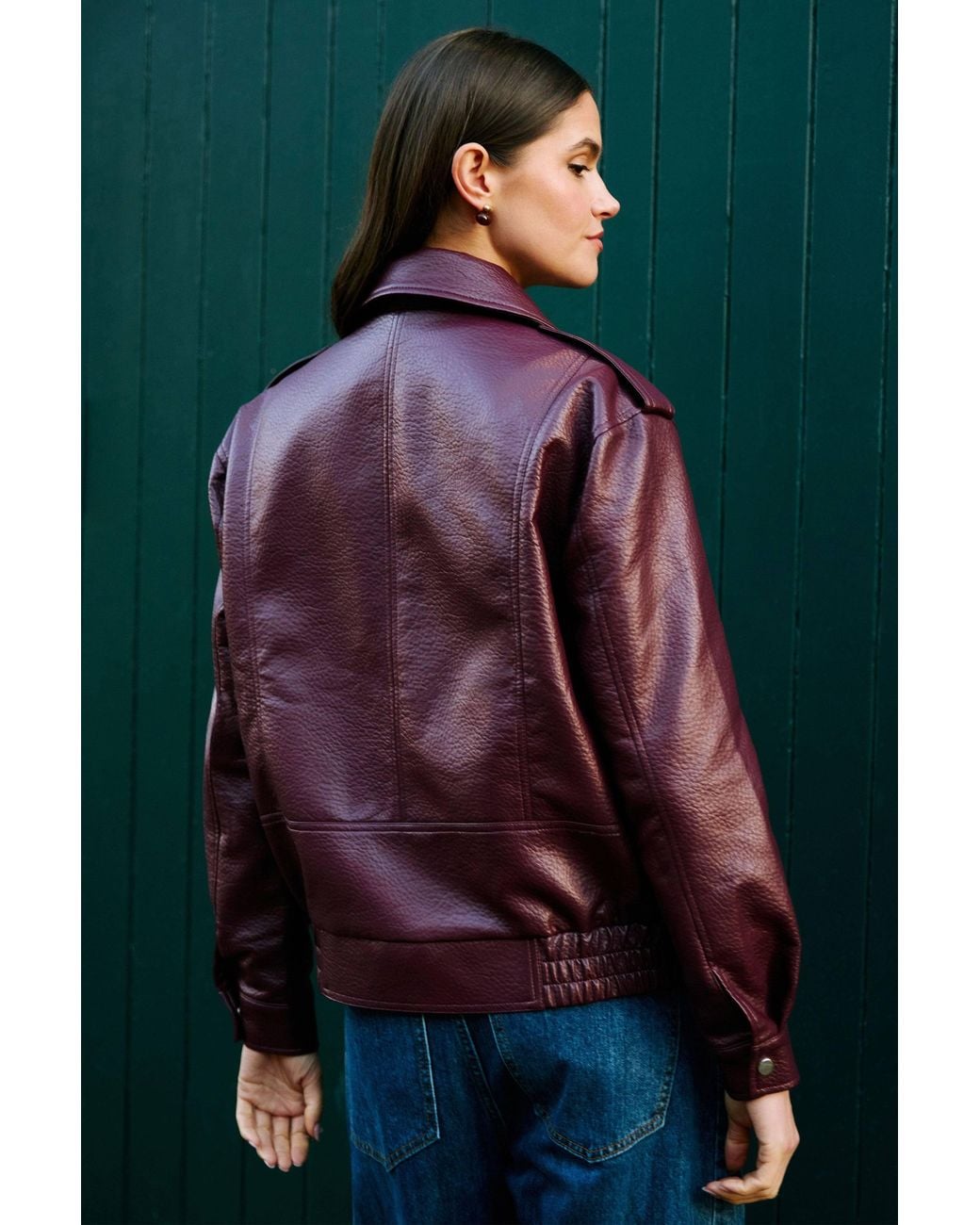 Yumi' Purple Burgundy Faux Leather Bomber Jacket