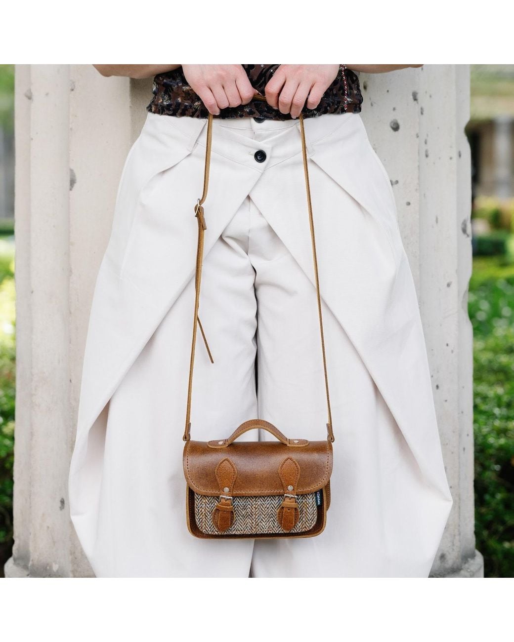 Zatchels Brown Handmade Tannery Leather & Tweed Cross Body Micro Satchel Plus