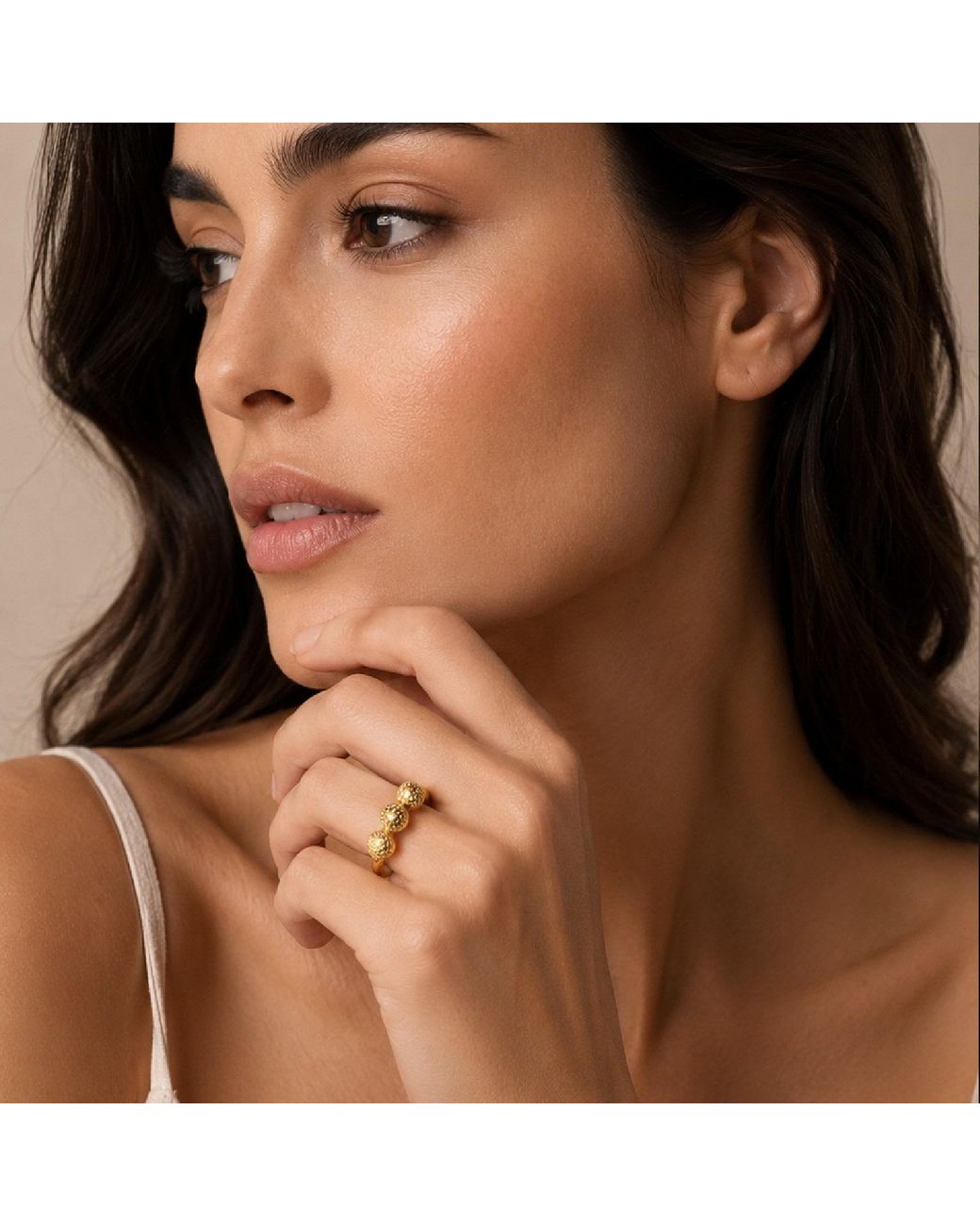 Unaloe Yellow Plated Three Sphere Ring – Textured Bead Ring For