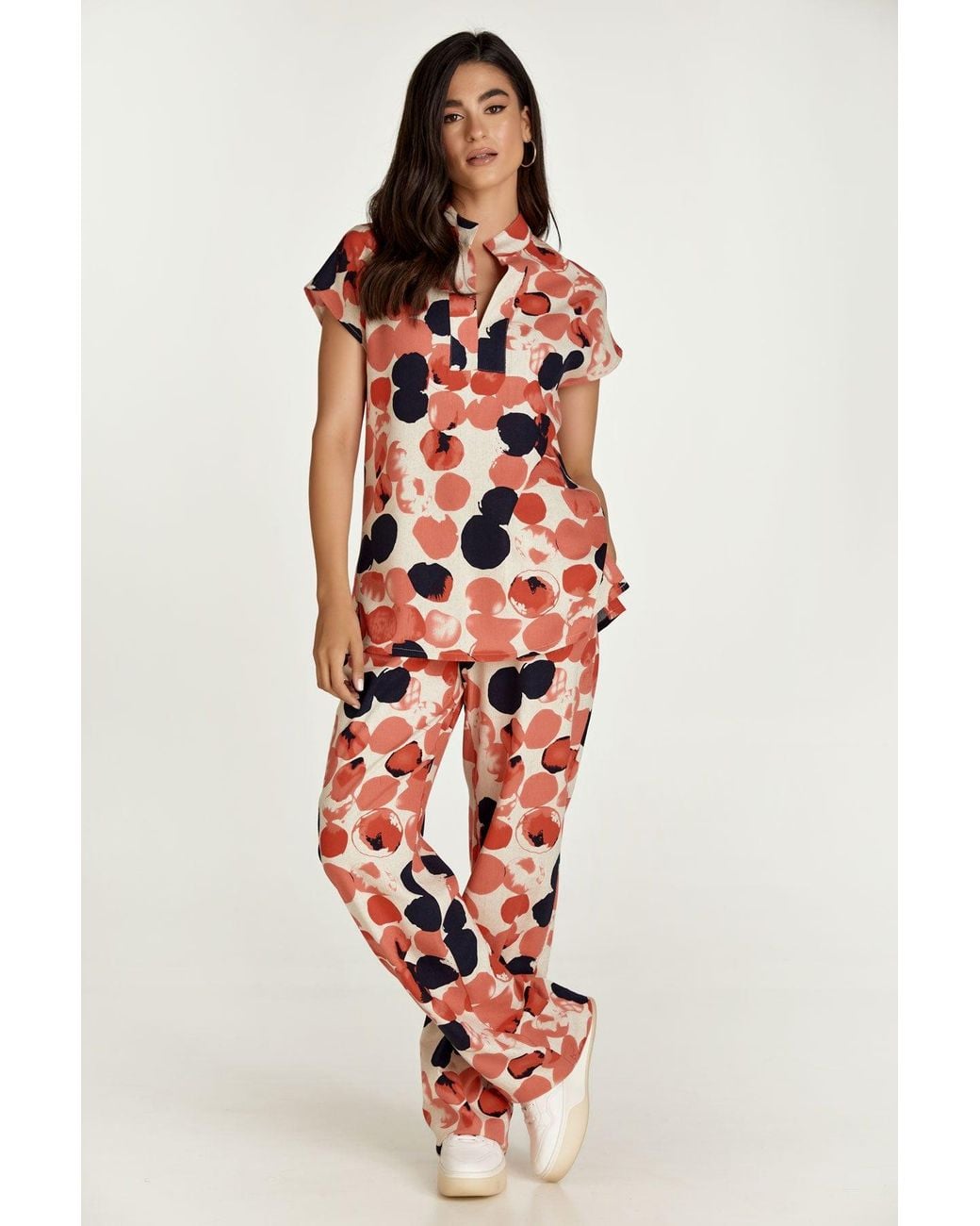 Conquista Red Apricot Print Linen Style Wide Leg Pants