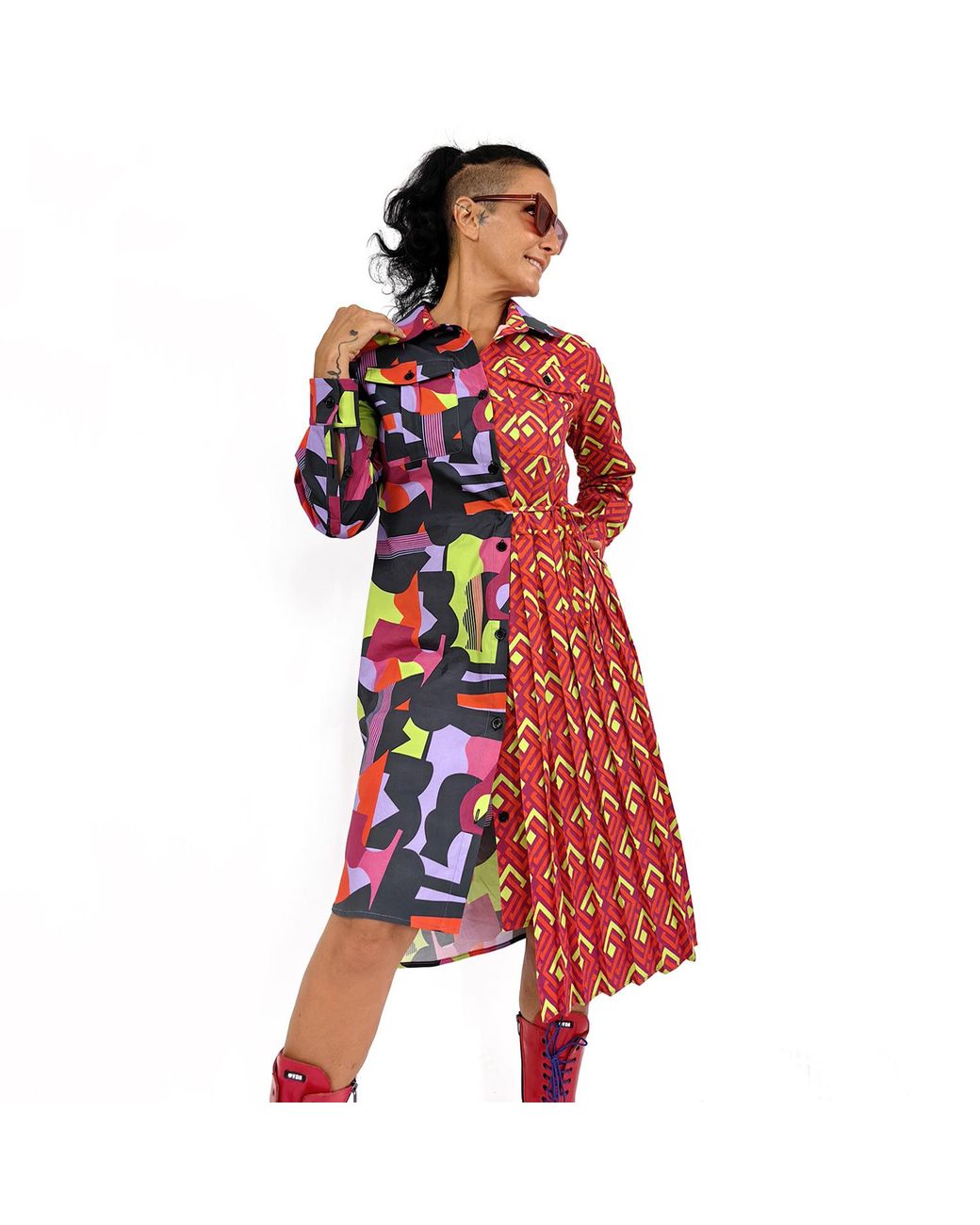 Lalipop Design Red Geometric Color Block Cotton Shirt Dress