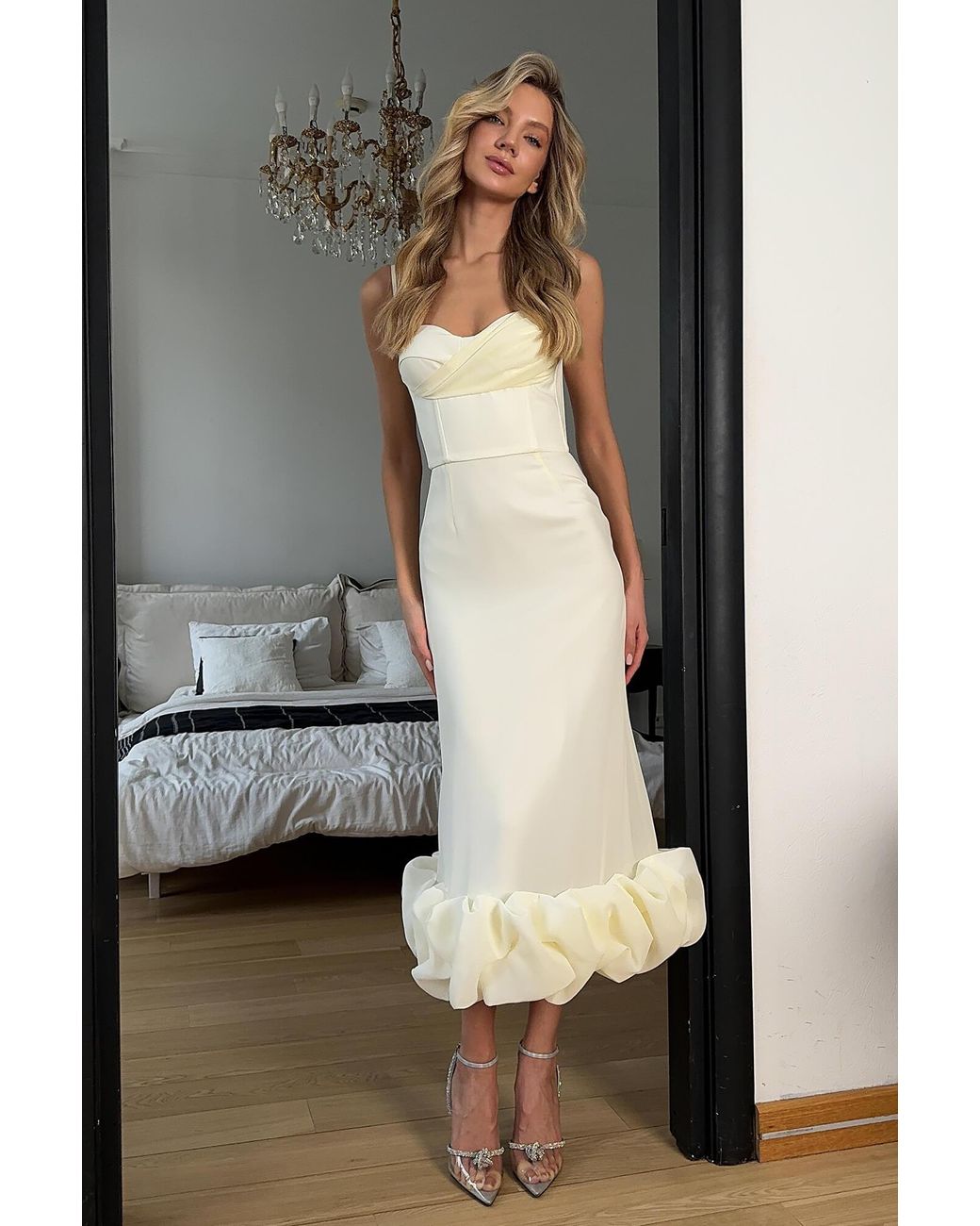 POST MERIDIEM White Ivory Draped Bodice Bottom Flounced Bustier Dress