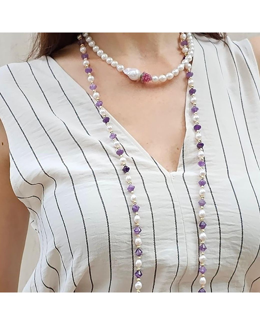 Farra Metallic Freshwater Pearls With Amethyst Long Versatile Necklace