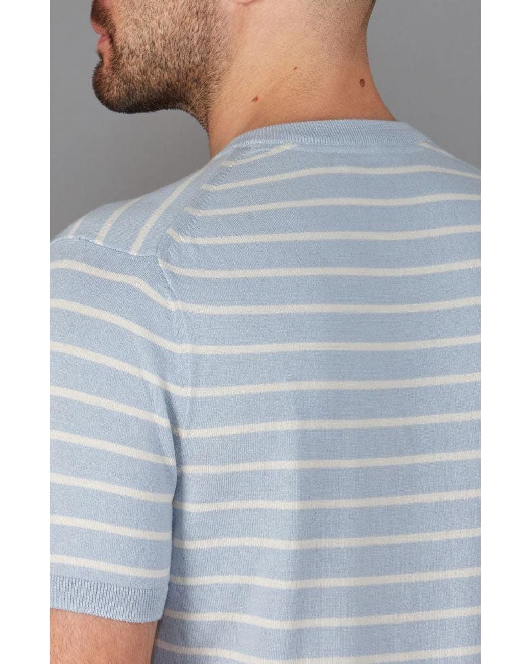 Paul James Knitwear Blue Mens Ultra-fine Cotton Javier Knitted Pin Stripe T-shirt for men