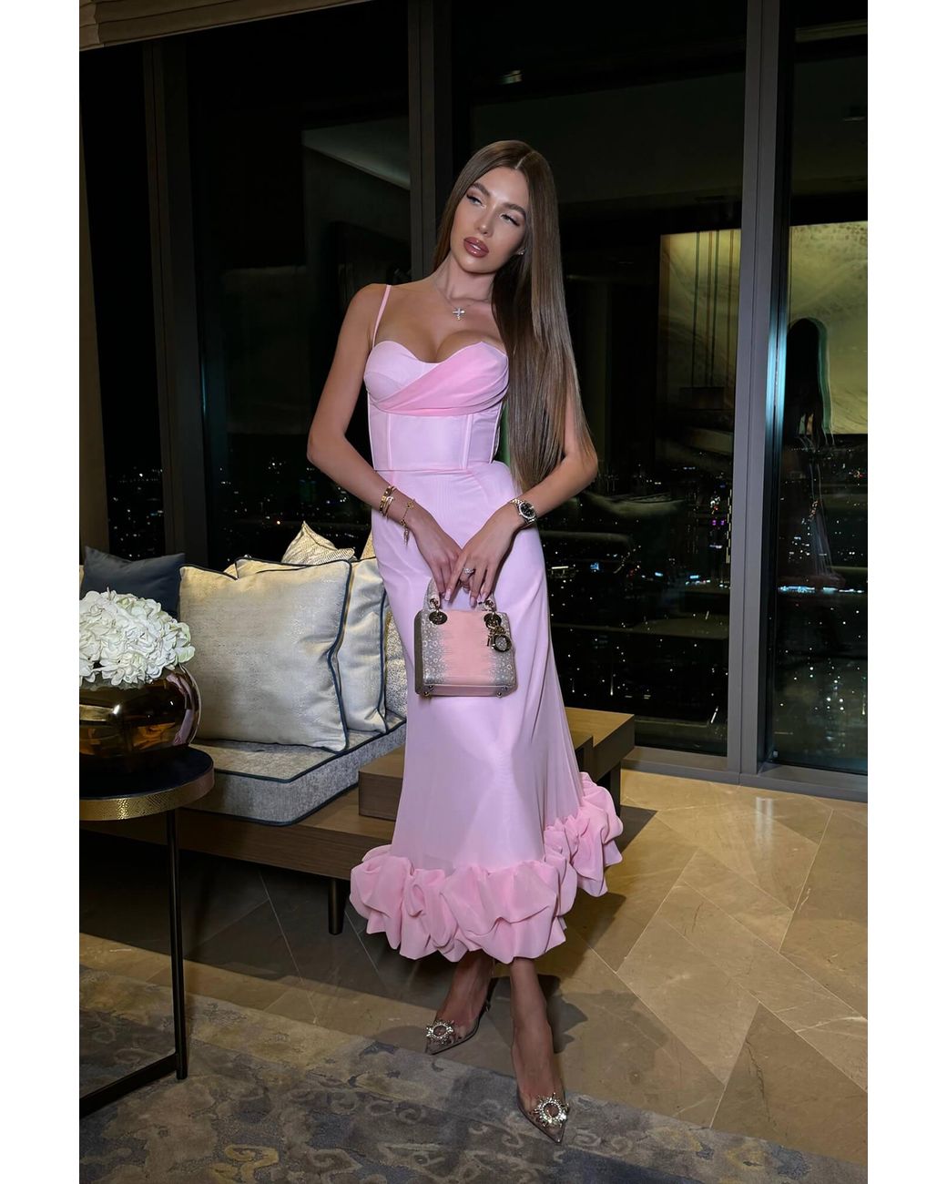 POST MERIDIEM Pink Misty Rose Draped Bodice Bottom Flounced Bustier Dress