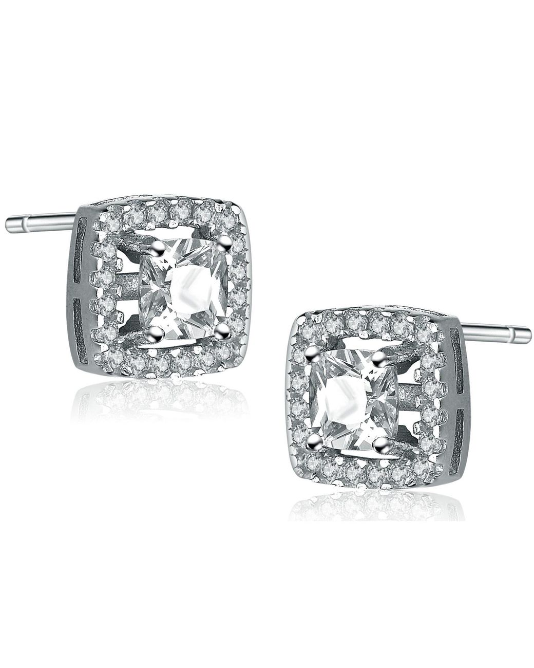 Genevive Jewelry Metallic Sterling Oval Cubic Zirconia Solitaire With Square Halo Earrings