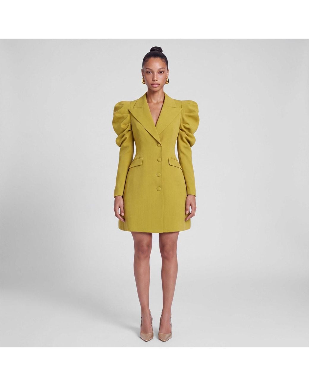 Femponiq Yellow Draped Sleeved Tailored Blazer Dress