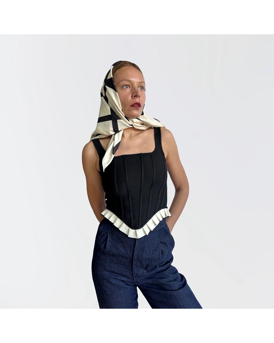 London Atelier Byproduct Black Rib Knit Corset Top With Ruffle