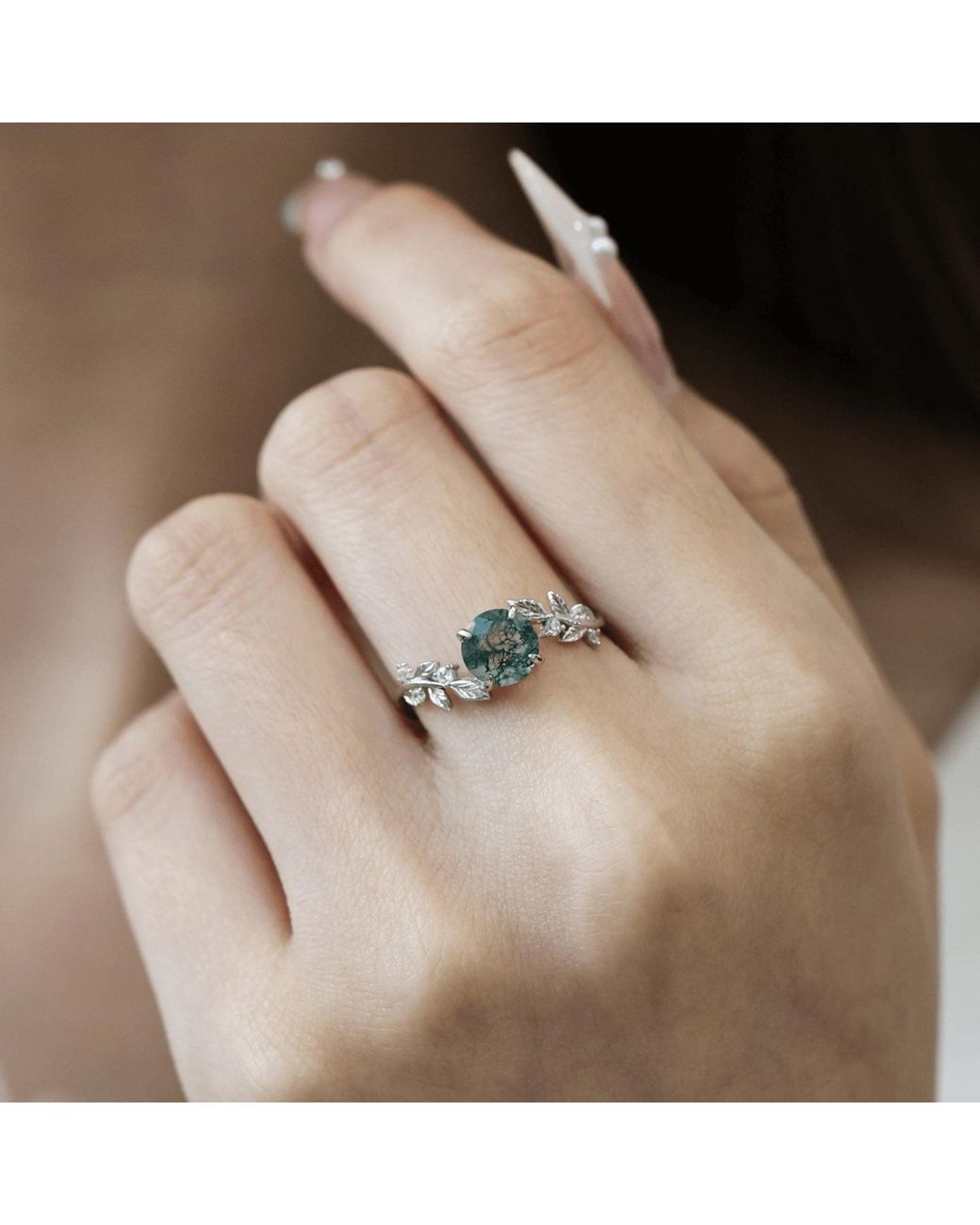 Azura Jewelry New York White Between The Leaf Round Moss Agate Ring Vermeil