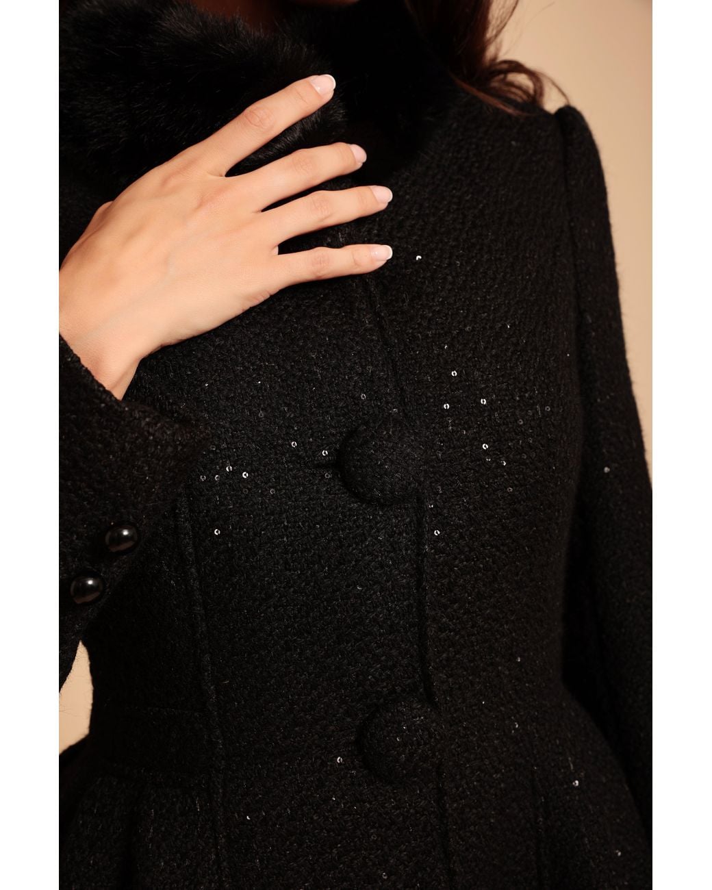 Santinni Black Starlet Wool Tweed Dress Coat With Faux Fur