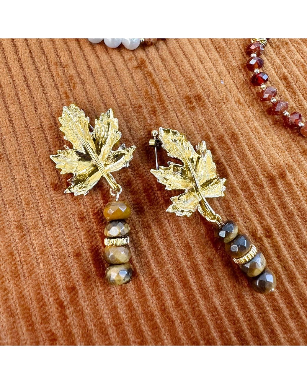 Farra Metallic Maple Leaves Tiger Eye Dangle Statement Earrings