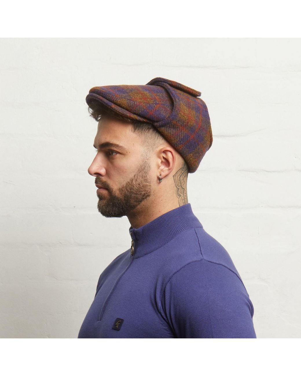 Dasmarca Hats Red Logan Grape Tweed Wool Checks Italian Cap With Earflaps Trapper for men