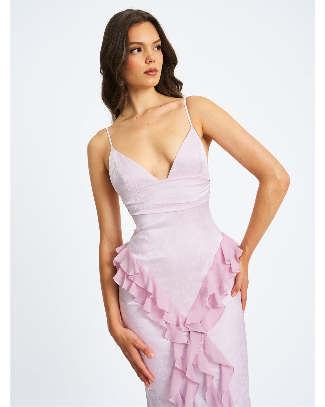 Miss Circle New York Purple Paolina Taro Jacquard Ruffle Mermaid Maxi Dress