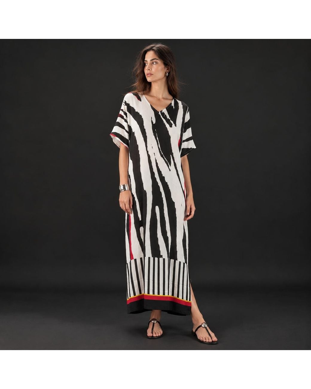 DHARA SHETH DUBAI Black Into The Wild Zebra Animal Print Long Cotton Kaftan Dress With Side Slit