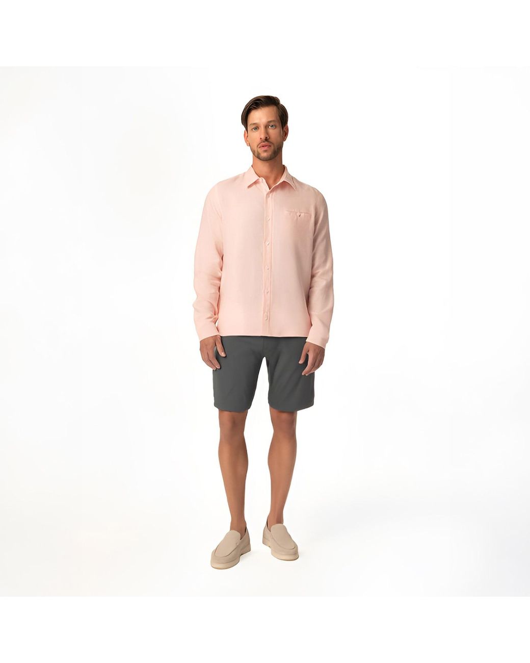Haris Cotton Gray Linen Bermuda Shorts With Back Pockets And Elastic Waist for men