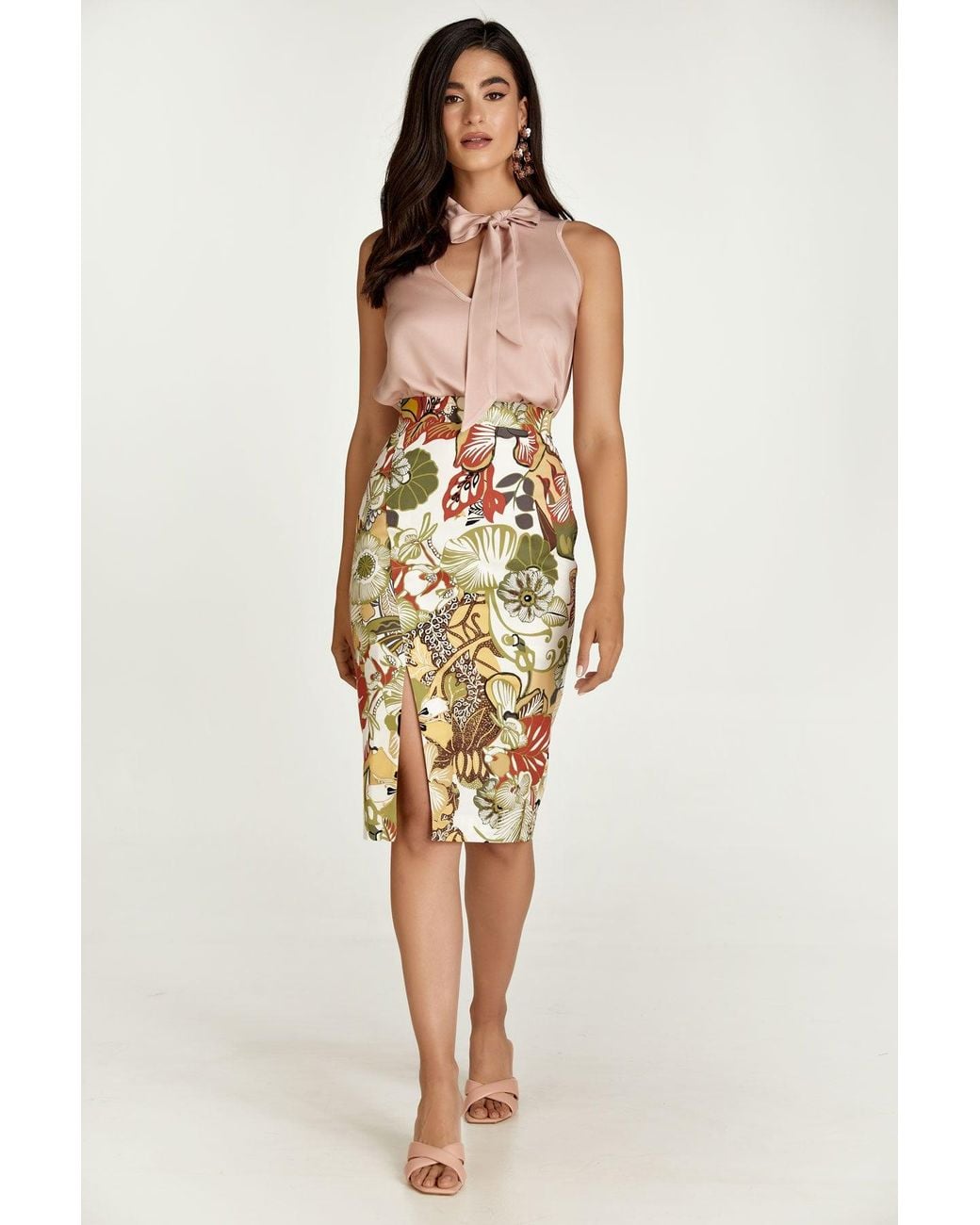 Conquista Metallic Floral Cotton Pencil Skirt