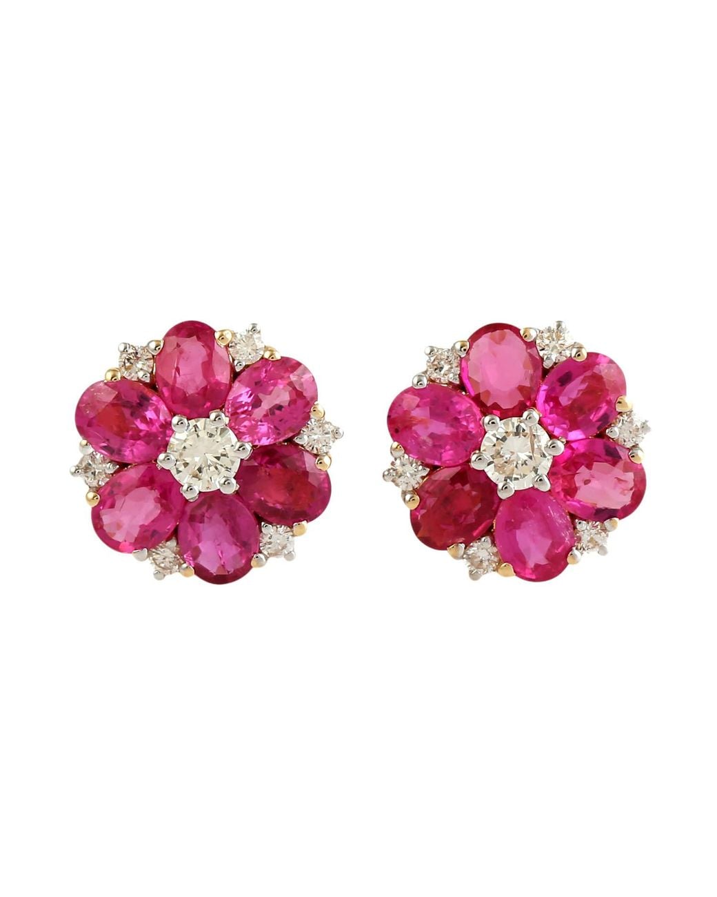 Artisan Pink Oval Cut Ruby & Diamond Flower Stud Earrings