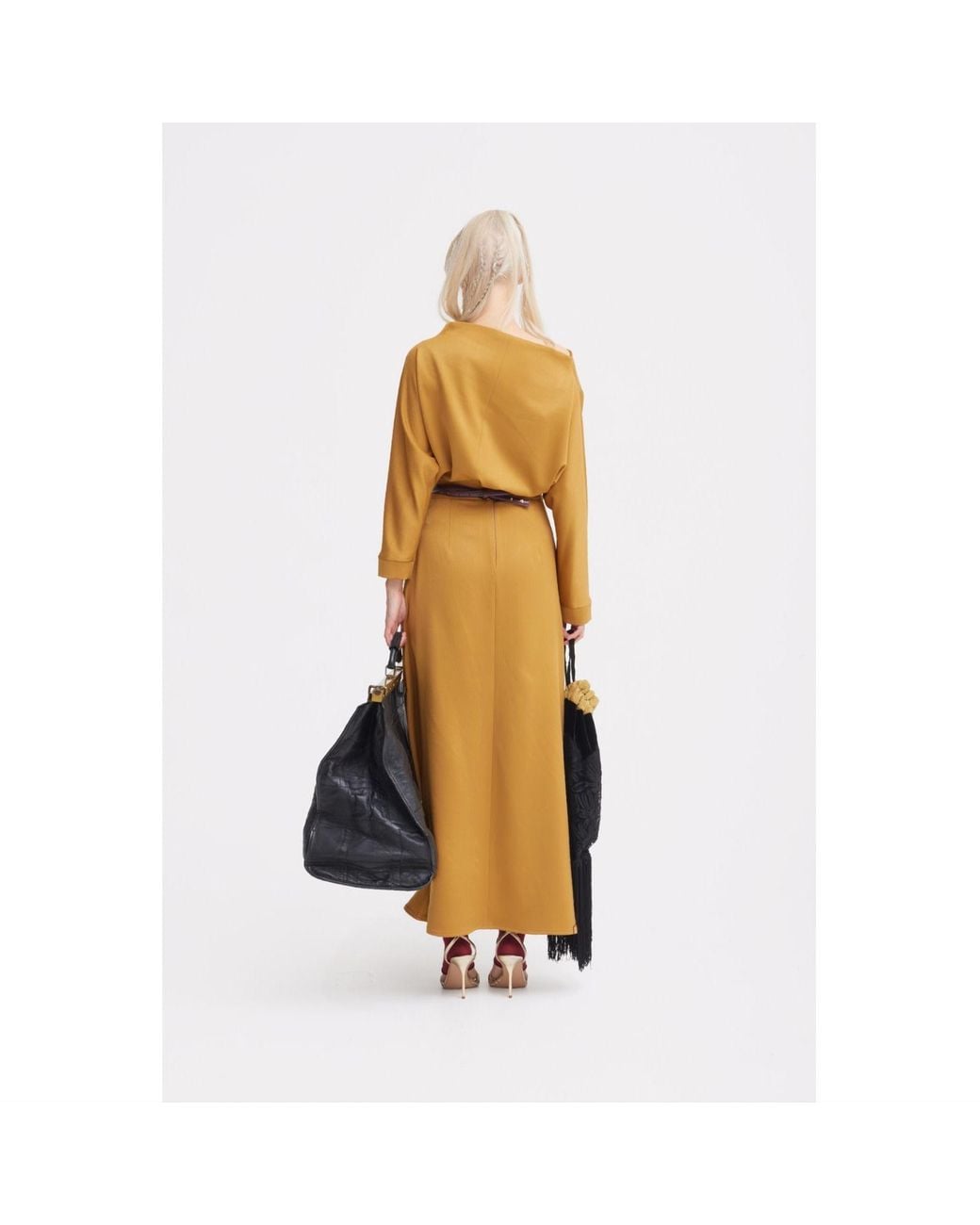 Julia Allert Brown Draped Boat-Neck Blouse & Wrap Midi Skirt Set – Mustard