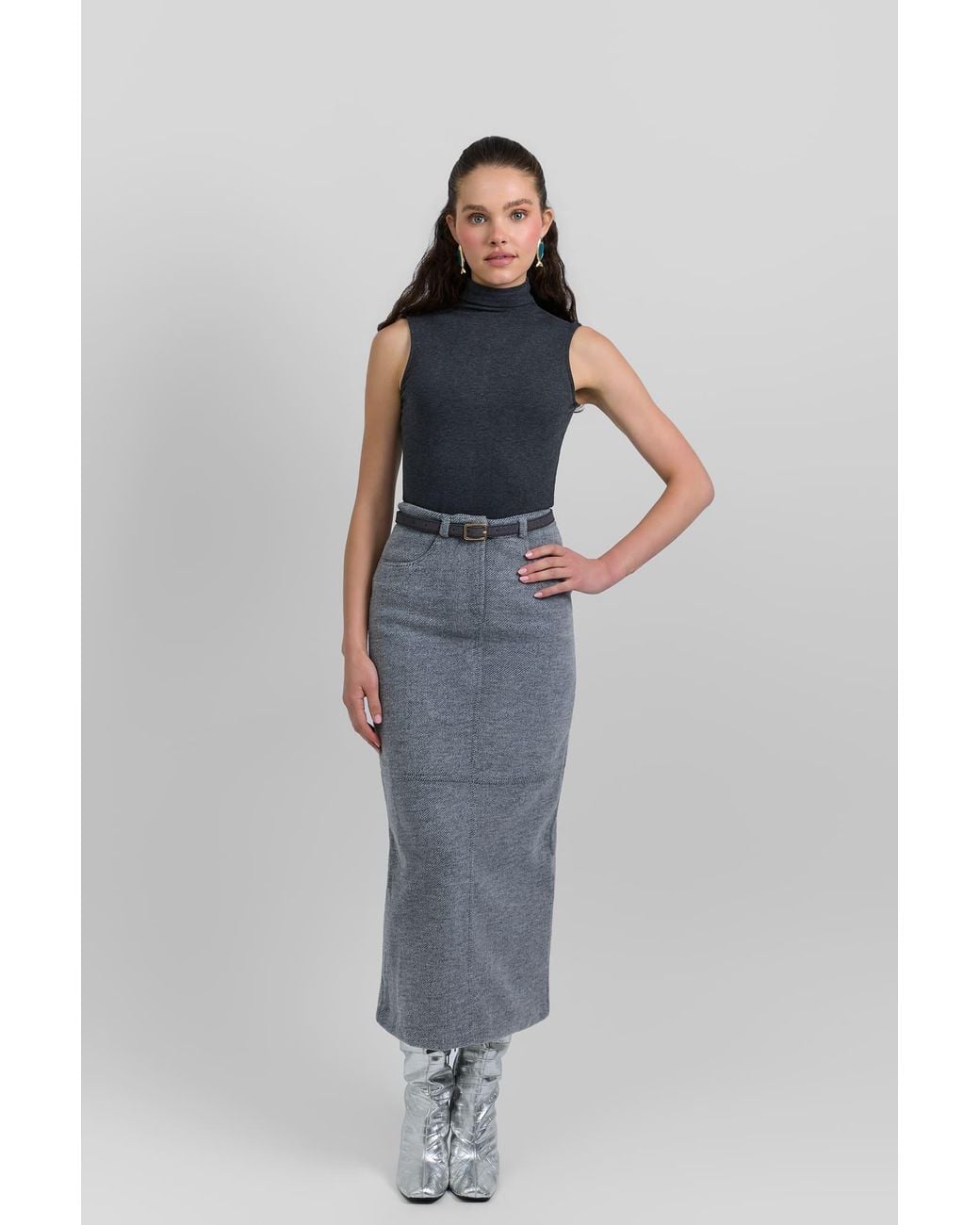 Rave on Trend Gray Classic Belted Skirt