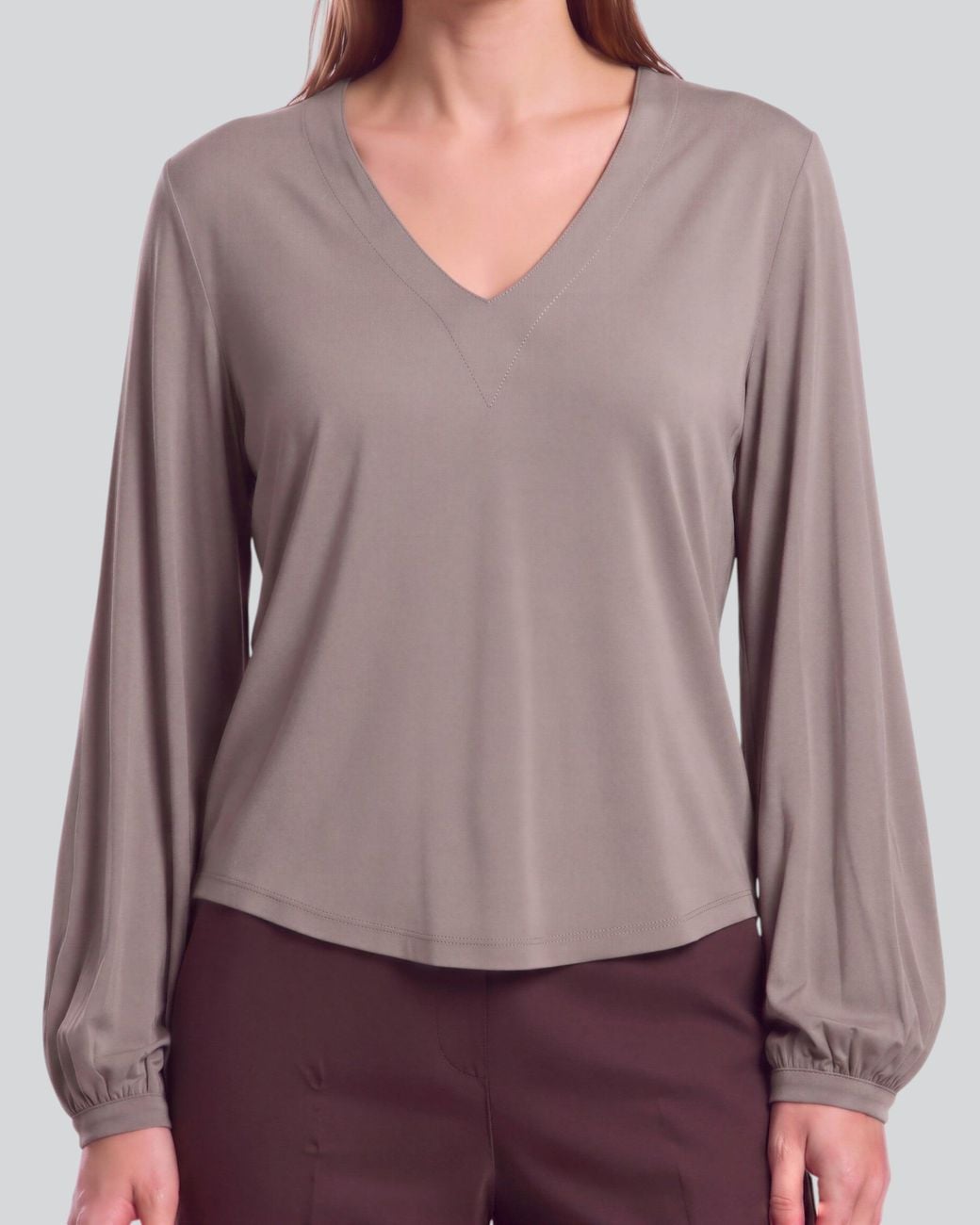 Lords of Harlech Brown Val Sage Lyocell Stretch V-Neck Top