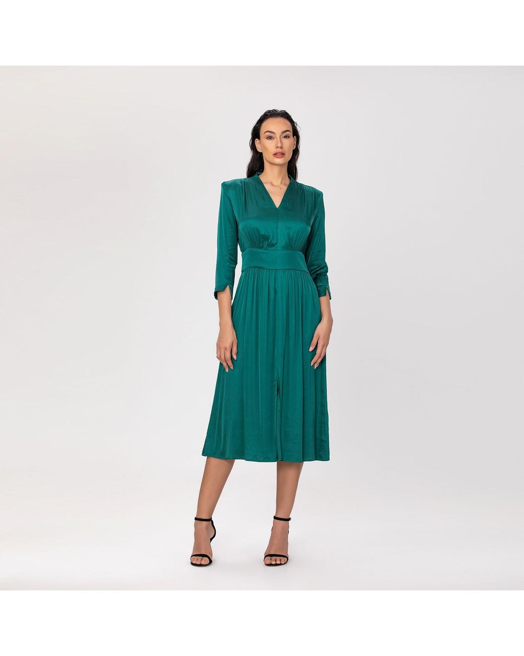 Smart and Joy Green Fit-And-Flare Satin And Jacquard Dress