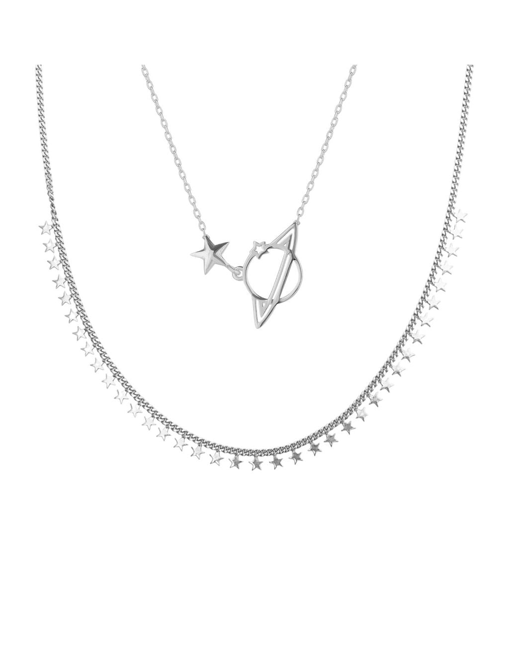 Spero London Metallic Multiple Star Sterling Station & Saturn Necklace Stacking Layering Set