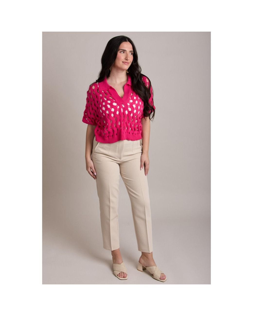 Saachi Pink Knit Cut-Out Collared Fuchsia Shirt