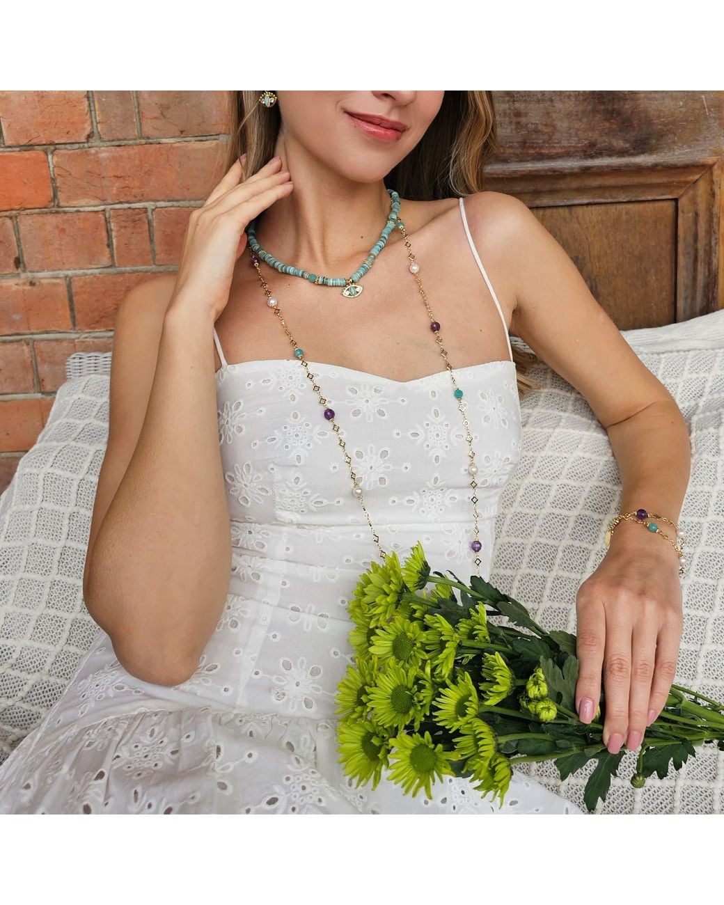 Farra White Amethyst Amazonite & Pearl Long Station Necklace