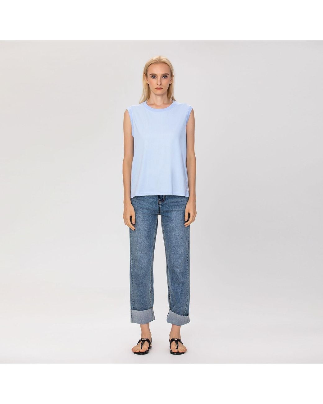 Smart and Joy Blue Sleeveless Cotton Blend Tank Top