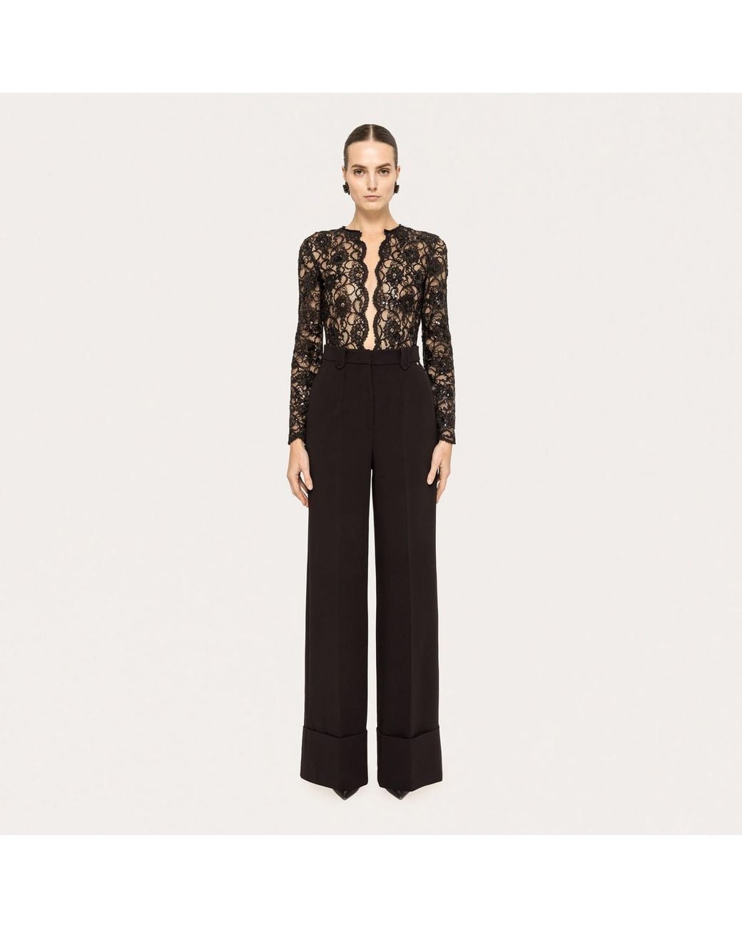Nissa Black Sequin-Detail Lace Bodysuit