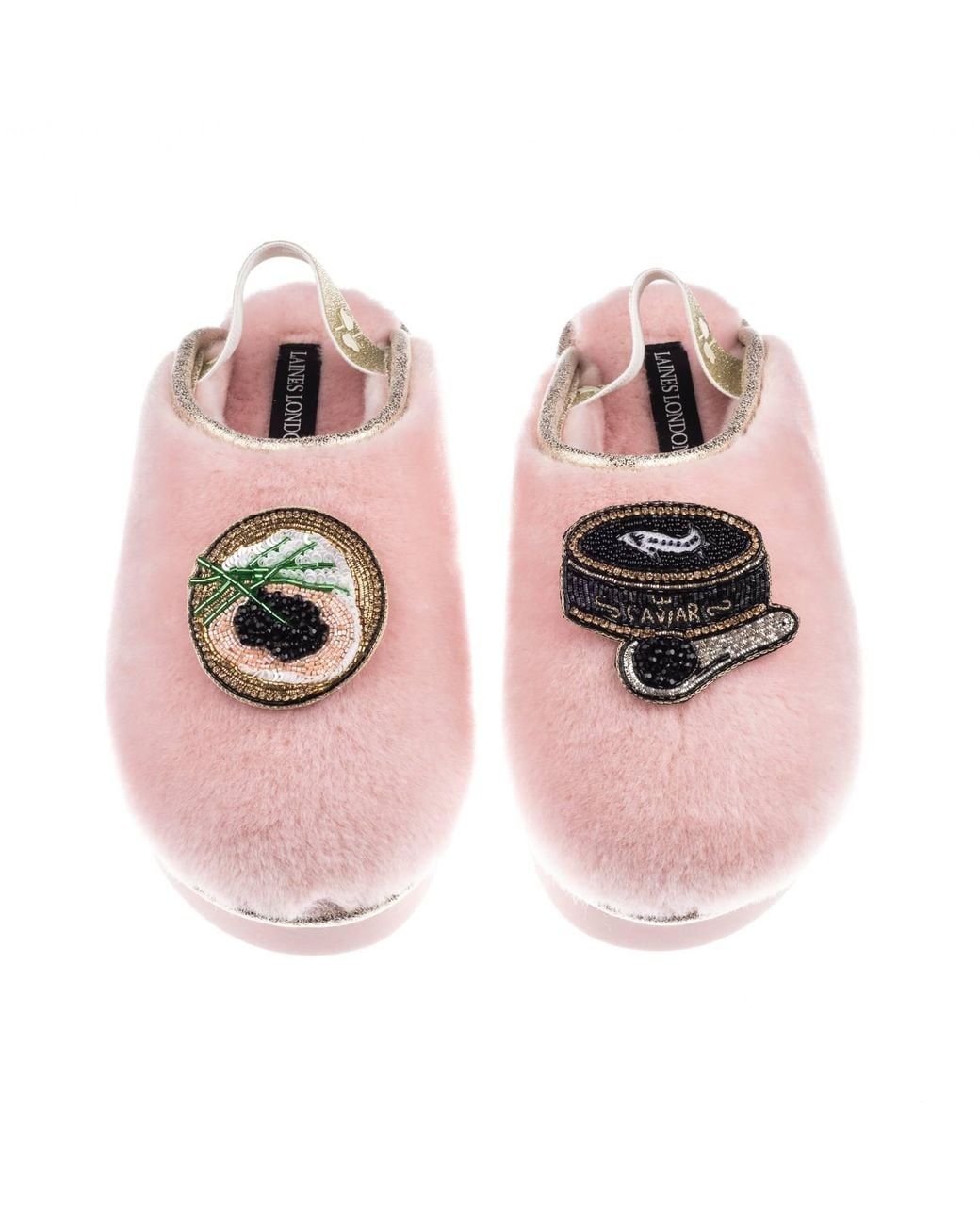 Laines London Pink Flatform Cloud Closed Toe Slippers With Caviar & Blini Brooches