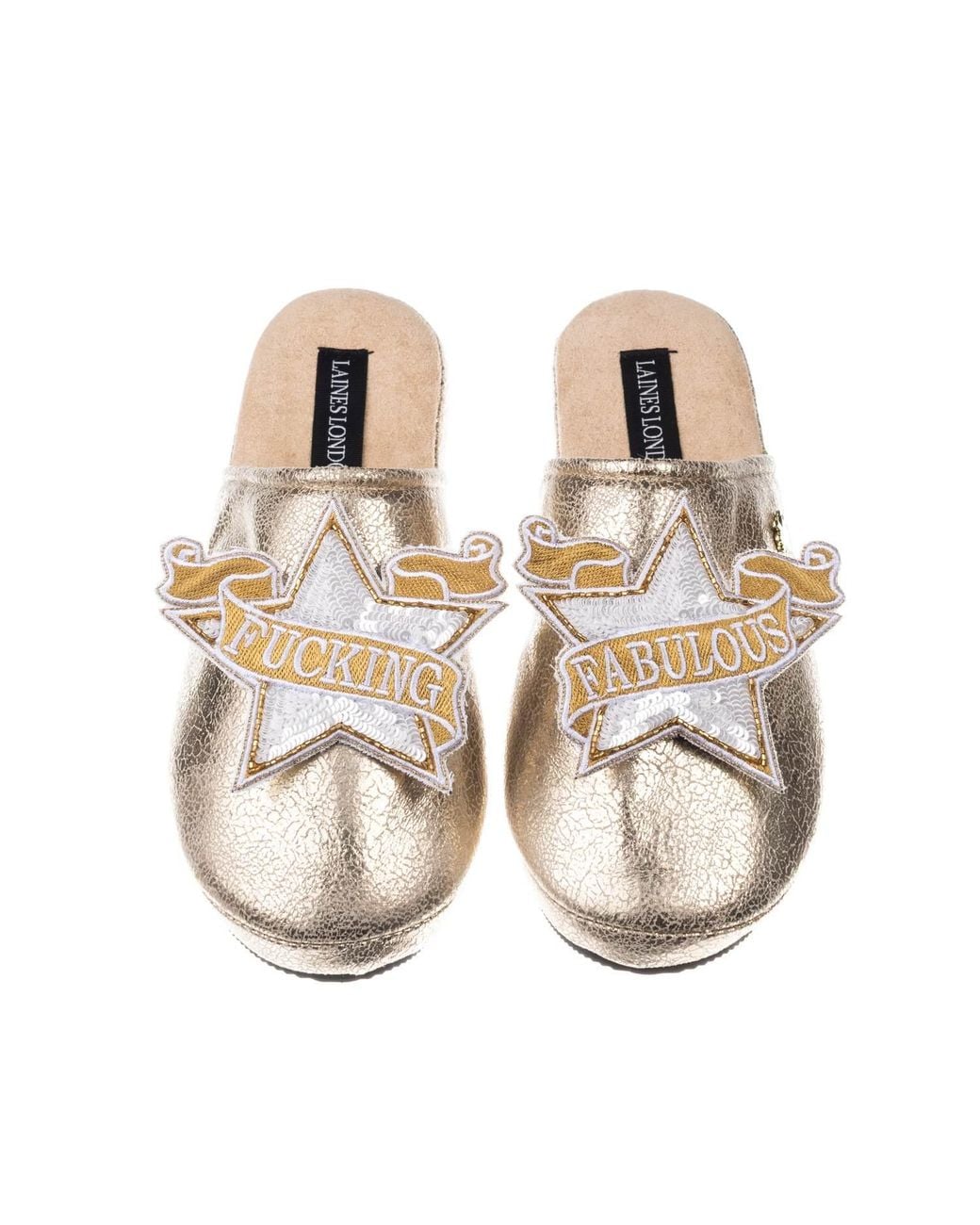 Laines London Metallic Softie Slippers With Fucking Fabulous Brooches